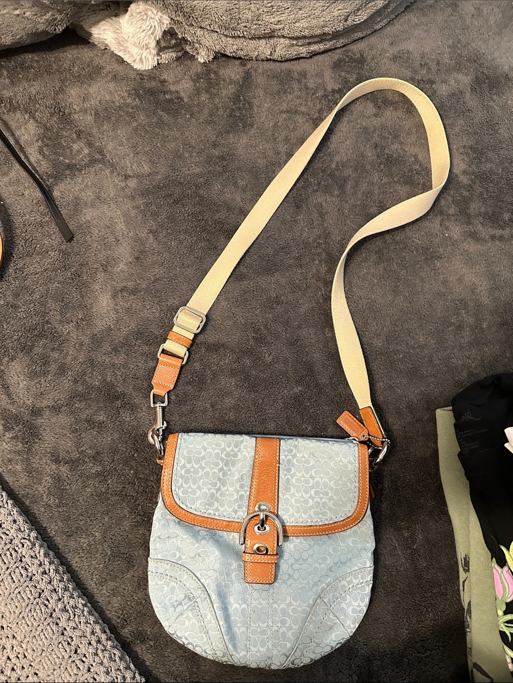 Coach Light Blue Signature Crossbody with Tan Leather Trim